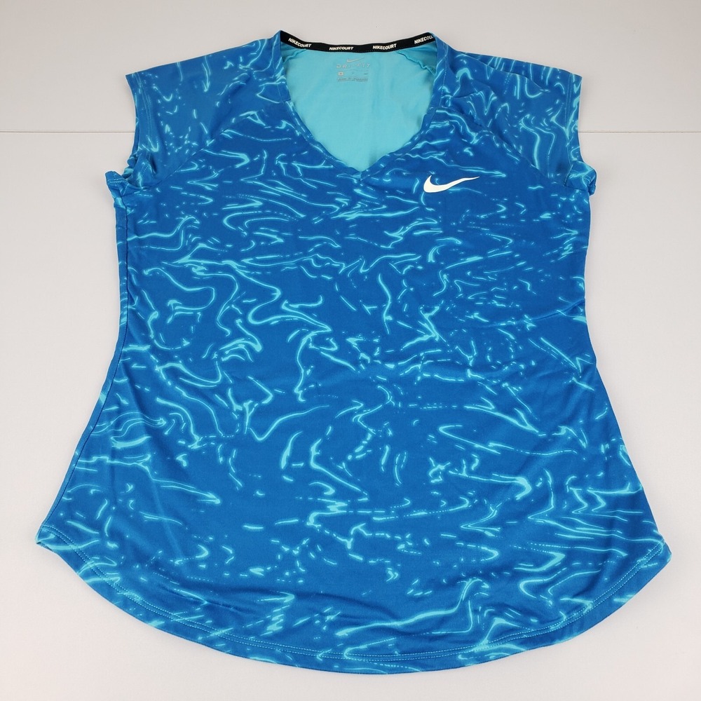 Nike T-Shirt Women's Small Blue Geometric Dri-Fit Nike Court Stretch‎ Tee